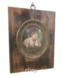 Miniature Young Girl in a Cage painting signed Mullet from the 19th century