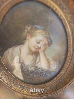 Miniature Young Girl in a Cage painting signed Mullet from the 19th century