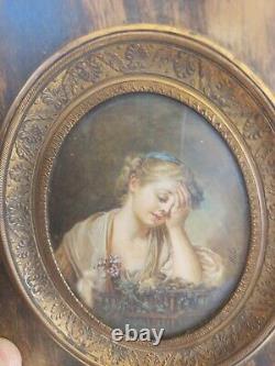 Miniature Young Girl in a Cage painting signed Mullet from the 19th century