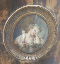 Miniature Young Girl in a Cage painting signed Mullet from the 19th century