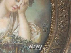 Miniature Young Girl in a Cage painting signed Mullet from the 19th century