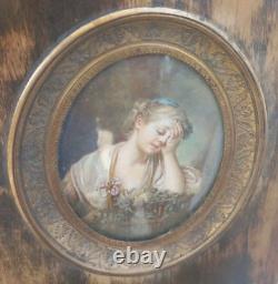 Miniature Young Girl in a Cage painting signed Mullet from the 19th century