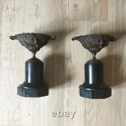 NAPOLEON III Pair of antique patinated bronze vases with marble 19th Century