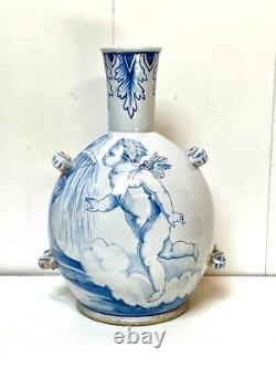 NEVERS ANCIENT LARGE BOTTLE GOURD EARTHENWARE 19th CENTURY DECORATION OF A CHERUB