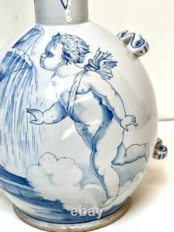 NEVERS ANCIENT LARGE BOTTLE GOURD EARTHENWARE 19th CENTURY DECORATION OF A CHERUB