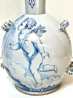 NEVERS ANCIENT LARGE BOTTLE GOURD EARTHENWARE 19th CENTURY DECORATION OF A CHERUB