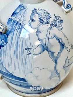 NEVERS ANCIENT LARGE BOTTLE GOURD EARTHENWARE 19th CENTURY DECORATION OF A CHERUB
