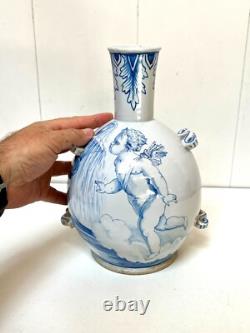 NEVERS ANCIENT LARGE BOTTLE GOURD EARTHENWARE 19th CENTURY DECORATION OF A CHERUB