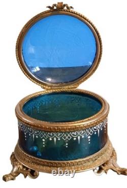 Napoleon III Era Blue Enamelled Glass and Bronze Jewelry Box Set 19th Century