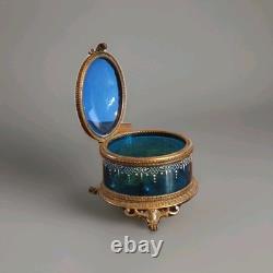 Napoleon III Era Blue Enamelled Glass and Bronze Jewelry Box Set 19th Century
