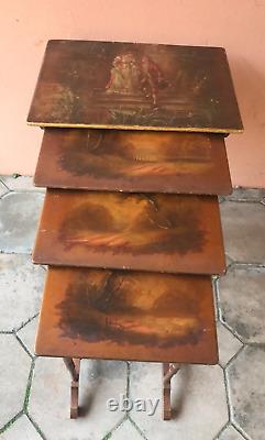 Nesting Tables from the 1900s with Painted Louis XVI Style Plates and Gallant Scene
