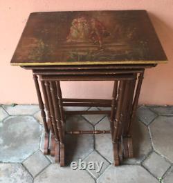 Nesting Tables from the 1900s with Painted Louis XVI Style Plates and Gallant Scene