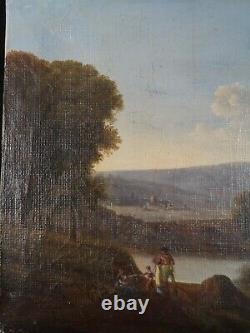 OIL PAINTING ON CANVAS FROM THE LATE 19th CENTURY: VIEW OF A CASTLE BY A LAKE HST