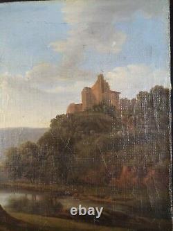OIL PAINTING ON CANVAS FROM THE LATE 19th CENTURY: VIEW OF A CASTLE BY A LAKE HST