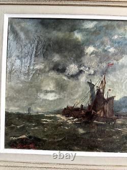 OIL PAINTING ON CANVAS, LATE 19TH CENTURY NAVAL MARITIME SCENE BOAT AT SEA