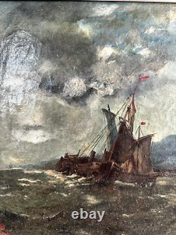 OIL PAINTING ON CANVAS, LATE 19TH CENTURY NAVAL MARITIME SCENE BOAT AT SEA