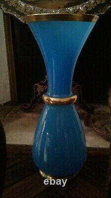 OLD LARGE BLUE AND GOLD OPALINE VASE 46cm XIXth CENTURY NAPOLEON III ERA