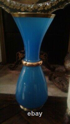 OLD LARGE BLUE AND GOLD OPALINE VASE 46cm XIXth CENTURY NAPOLEON III ERA