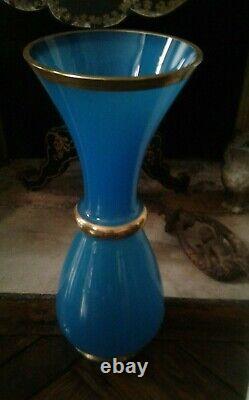 OLD LARGE BLUE AND GOLD OPALINE VASE 46cm XIXth CENTURY NAPOLEON III ERA