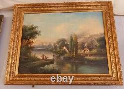 Oil On Canvas Fishermen By River, Era XIX Ème, Style Barbizon