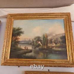 Oil On Canvas Fishermen By River, Era XIX Ème, Style Barbizon