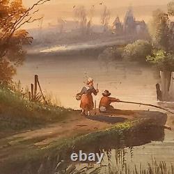Oil On Canvas Fishermen By River, Era XIX Ème, Style Barbizon