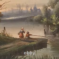 Oil On Canvas Fishermen By River, Era XIX Ème, Style Barbizon