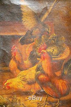 Oil On Canvas-coq-poulle-bass Course-school English-poulailler-epoque Xixeme