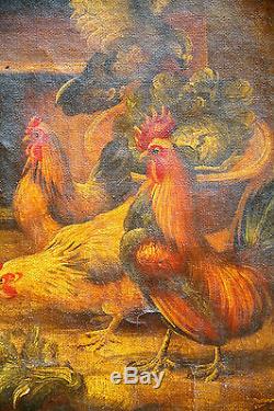 Oil On Canvas-coq-poulle-bass Course-school English-poulailler-epoque Xixeme