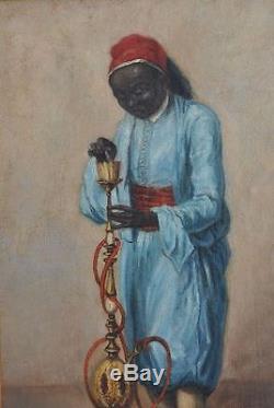 Oil On Panel Orientalist Man With Shisha Time XIX Eme