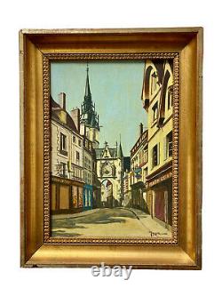 Oil On Signed Panel Auxerre Rue De L'horloge Commerces Époque XIX Ème