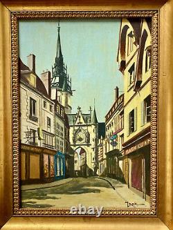 Oil On Signed Panel Auxerre Rue De L'horloge Commerces Époque XIX Ème