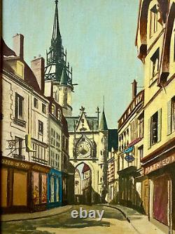 Oil On Signed Panel Auxerre Rue De L'horloge Commerces Époque XIX Ème