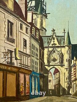 Oil On Signed Panel Auxerre Rue De L'horloge Commerces Époque XIX Ème