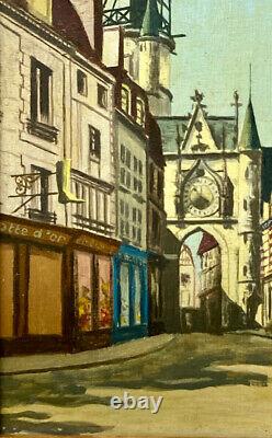 Oil On Signed Panel Auxerre Rue De L'horloge Commerces Époque XIX Ème