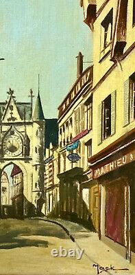 Oil On Signed Panel Auxerre Rue De L'horloge Commerces Époque XIX Ème