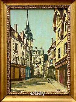 Oil On Signed Panel Auxerre Rue De L'horloge Commerces Époque XIX Ème