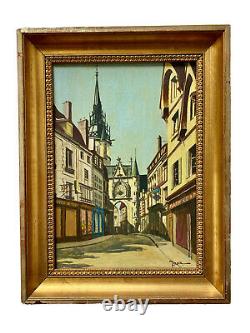 Oil On Signed Panel Auxerre Rue De L'horloge Commerces Époque XIX Ème