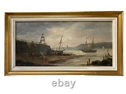 Oil Painting On Marine Panel Seaboard Boats Characters Epoque XIX Ème