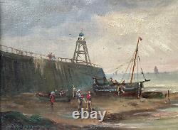 Oil Painting On Marine Panel Seaboard Boats Characters Epoque XIX Ème