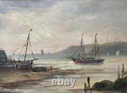 Oil Painting On Marine Panel Seaboard Boats Characters Epoque XIX Ème