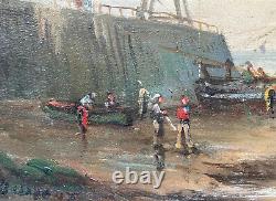 Oil Painting On Marine Panel Seaboard Boats Characters Epoque XIX Ème