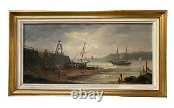 Oil Painting On Marine Panel Seaboard Boats Characters Epoque XIX Ème