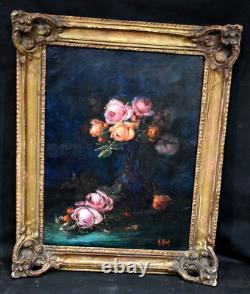 Oil Painting Still Life with Roses and Peonies Signed, 19th Century