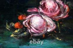 Oil Painting Still Life with Roses and Peonies Signed, 19th Century