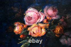 Oil Painting Still Life with Roses and Peonies Signed, 19th Century