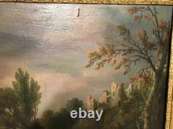 Oil on canvas painting, lakeside landscape, 19th century