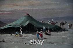 Oil on panel, Orientalist, signed, late 19th century, caravan in the desert