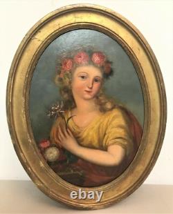Oil painting on panel of a young woman with flowers, 19th century.