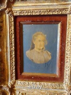 Oil painting on panel, portrait of a young girl, signed. 19th century period.